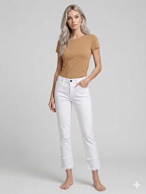 A.Z.I. White Cropped Double Raw Frayed Hem Straight Leg Mid-Rise Jeans Size 10